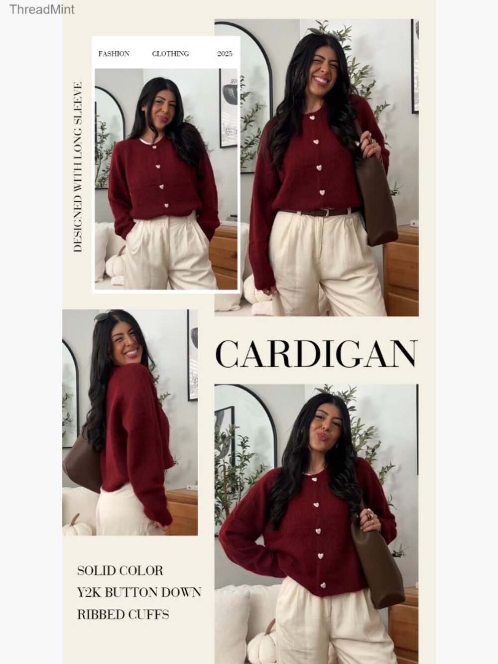 Womens Cardigan Sweaters Button Down Long Sleeve Crew Neck Knit Y2k - Picture 5 of 5